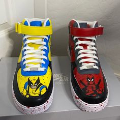 Custom Made Deadpool & Wolverine Air Force 1s Mid. Can Be Made In Any Size Allow 1-2 Weeks For Customization And Shipping See Listings For More Custom Yellow Sneakers For Streetwear, Sporty Yellow Custom Sneakers With Red Sole, Sporty Custom Yellow Sneakers With Red Sole, Custom Yellow Low-top Sneakers With Red Sole, Yellow Custom Sneakers With Red Sole And Round Toe, Air Force 1 Mid Custom, Nike Shoes Custom, Boots Outfit Men, Nike Air Force 1 Custom