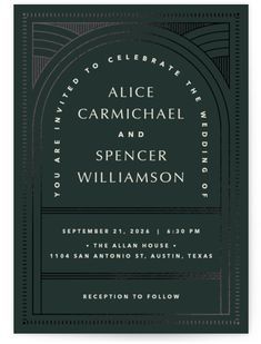 a black and white wedding card with the words alice carmichell and spencer williams on it