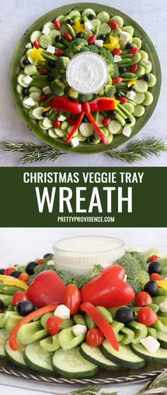 christmas veggie tray wreath made out of cucumbers and peppers