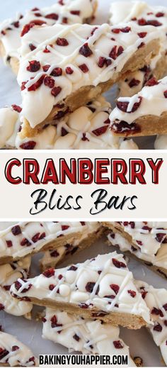 cranberry bliss bars with white icing on top