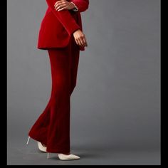 Elite Tahari Red Velvet Pants Style: Leena Pant Color: Redwood Never Been Worn Red Full Length Formal Dress Pants, Elegant High-waisted Burgundy Pants, Elegant Burgundy Trousers, Elegant Burgundy High-waisted Pants, Elegant Burgundy Straight Pants, Red Straight Leg Dress Pants For Formal Occasions, Elegant Fitted Red Dress Pants, Elegant Red Full-length Dress Pants, Elegant Burgundy Wide Leg Pants