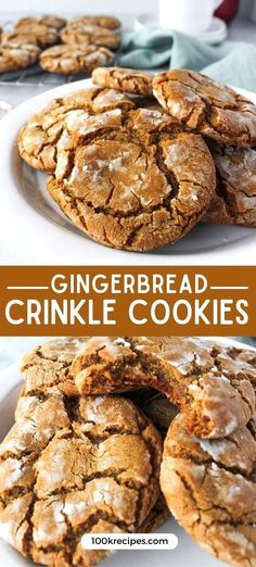 gingerbread crinkle cookies on a white plate with the title in the middle