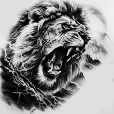 a black and white drawing of a lion with its mouth open