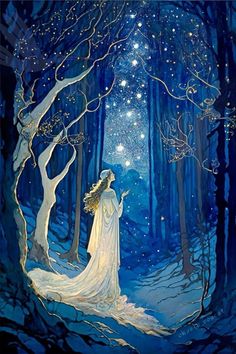 a woman standing in the middle of a forest holding a star filled sky above her head