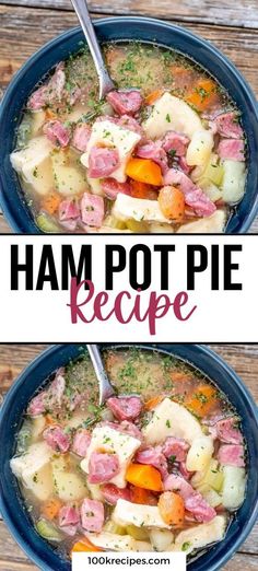 ham pot pie recipe with potatoes and carrots in a blue bowl on a wooden table