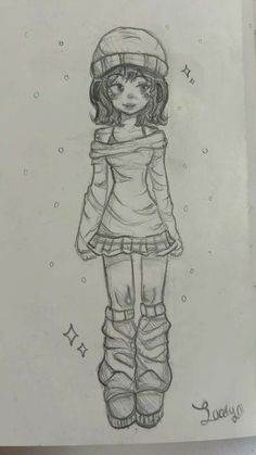 a drawing of a girl in winter clothes with boots and a hat on her head