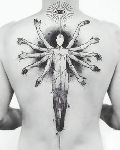 the back of a man's body with many hands and fingers on it, while he