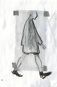 a black and white drawing of a man walking down the street with his shoes on