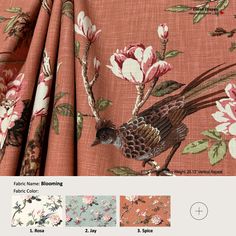 the fabric has flowers and birds on it, along with two colors to choose from