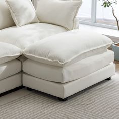 a white couch with pillows on it in front of a window and potted plant