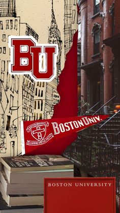 the boston university logo is on top of books