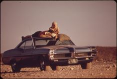 a man is sitting on top of a car in the middle of nowhere with his dog