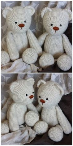 two pictures of white crocheted teddy bears sitting next to each other