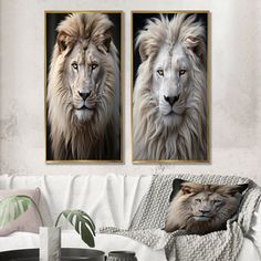 two pictures of lions on the wall in a living room