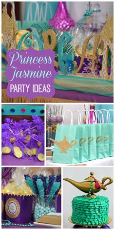 princess jasmine party ideas including cupcakes, cake and decorations