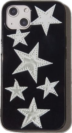 an iphone case with white stars on black and silver foiled plastic, in the shape of stars