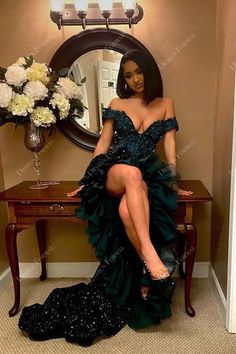 Emerald Sequin Off-shoulder Ruffle Slit Tailor Made Prom Dress #promdress #cocktaildress 2022 Prom Dress, 8th Grade Prom Dresses, Emerald Green Prom Dress, Prom Dresses Long Mermaid