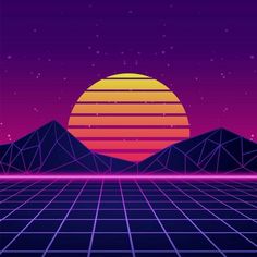 an old school computer screen with the sun setting in the distance and mountains behind it