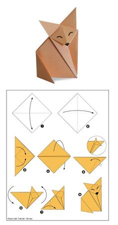 an origami fox is shown with instructions to make it look like the animal