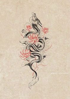 a drawing of a snake and flowers on paper