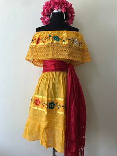 Beautiful Mexican floral dress that is lightweight perfect for hot weather.  ONE SIZE: fits SM - L REBOSO NOT INCLUDED, SOLD SEPARATELY Traditional Guatemalan Dress, Yellow Mexican Dress, Michoacan Dress, Mexican Inspired Clothing, Mexican High Fashion, Embroidered Yellow Beach Dress, Yellow Embroidered Dress For Summer, Yellow Beach Dress With Floral Embroidery, Yellow Embroidered Summer Beach Dress