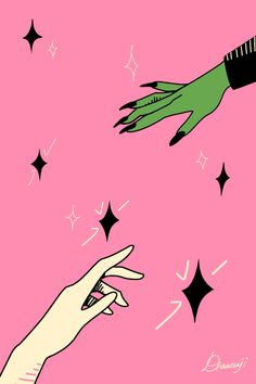 two hands reaching towards each other with stars in the sky above them on a pink background