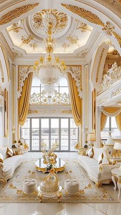 an elaborately decorated living room with chandelier and couches in gold and white