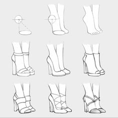 the steps to draw high heeled shoes in different positions and sizes, with each shoe being