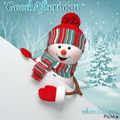 a snowman with a red hat and scarf is holding a sign that says good afternoon