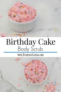 birthday cake body scrub in a white bowl with sprinkles on the side