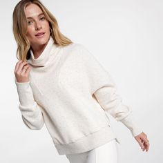 Fall weather demands a centerpiece sweater, and this one rises to the occasion. The herringbone pattern goes with a variety of outfits, supported by a funnel neck and dolman sleeves that create a tastefully oversized silhouette. Fit & Design Relaxed fit sweatshirt Funnel neck Pullover construction Dolman sleeve tapers from a large armhole to fit closely to the wrist Nep herringbone textured fabric High-low hem gives you extra coverage in the back Herringbone Texture, Funnel Neck Sweatshirt, Womens Athletic Outfits, Calia By Carrie, Fashion Now, Womens Jersey, Reebok Women, Of Outfits, Fall Weather