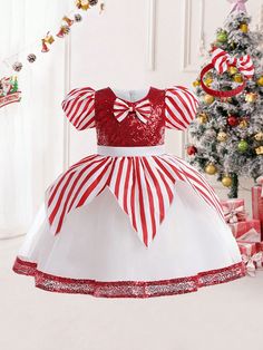 Young Girls Colorblock Striped Sequin Decor Bow Fluffy Tulle Party Pageant Dress, Suitable For Christmas Party, With Hair Accessory Red and White Party    Geometric Fit and Flare Non-Stretch All Young Girls Clothing, size features are:Bust: ,Length: ,Sleeve Length: Red And White Party, Girls Christmas Party, Christmas Party Wear, Hair Accessories Red, Christmas Color Palette, Girls Party Wear, Red Green Christmas, Sequin Decor, Ballet Dress