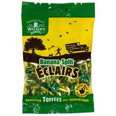 banana split eclairs are packed in a green bag with yellow and black lettering