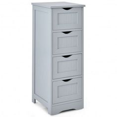 a tall gray cabinet with three drawers