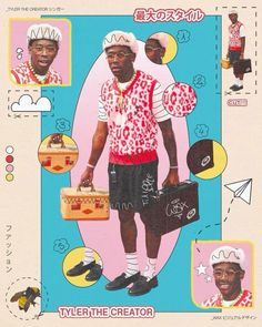 an advertisement for tyler the creator, featuring a man with suitcases and other items