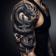 Dragon Tattoo Shoulder, Dragon Tattoo Chest, Celtic Tattoos For Men, Dragon Head Tattoo, Dragon Tattoo Art, Dragon Sleeve Tattoos