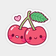 two cherries sticker with hearts and leaves on the top, one is pink