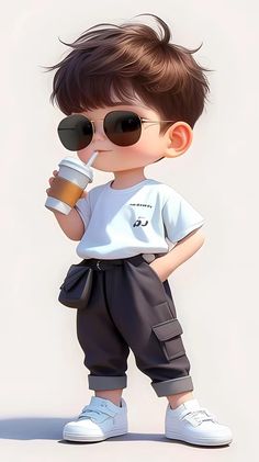 a little boy wearing sunglasses and holding a coffee cup in one hand while standing on the other