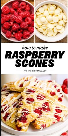 raspberry scones with white chocolate drizzled on top and the words how to make raspberry scones