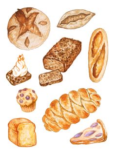 an illustration of breads and pastries on a white background