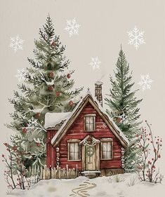 a painting of a small red house with snowflakes on it's roof