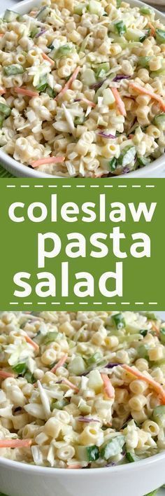 coleslaw pasta salad in a white serving dish