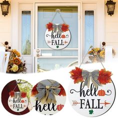 three fall door hangers with the words hello fall on them and an autumn wreath