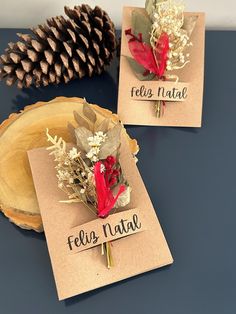 two small cards with flowers and pine cones on the top one says feliz natal