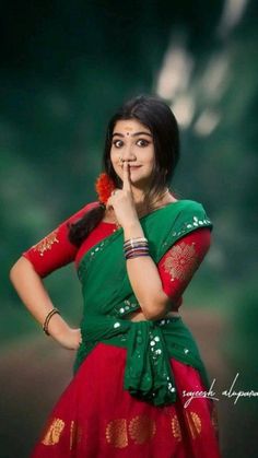 a woman in a red and green sari posing for the camera with her hands on her chin