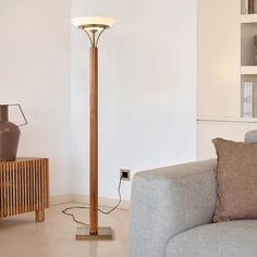 a living room with a couch, lamp and bookshelf