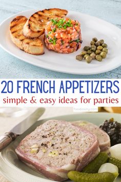 the cover of 20 french appetizers simple and easy ideas for parties, including grilled meat