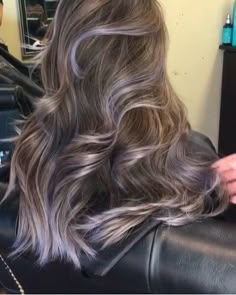 Light Purple Hair Highlights Brunettes, Light Brown Purple Balayage, Purple Grey Highlights Brown Hair, Ash Purple Hair Highlights, Silver In Brown Hair, Ash Brown And Purple Hair, Dusty Purple Highlights, Ash Brown With Purple Highlights, Lavender Grey Highlights