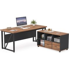 a computer desk with a laptop on top of it next to a book shelf and file cabinet