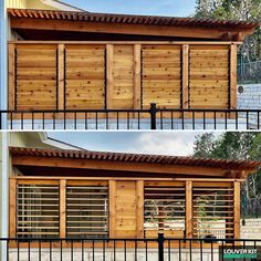 two pictures of a wooden building with metal bars on the sides and an iron fence around it